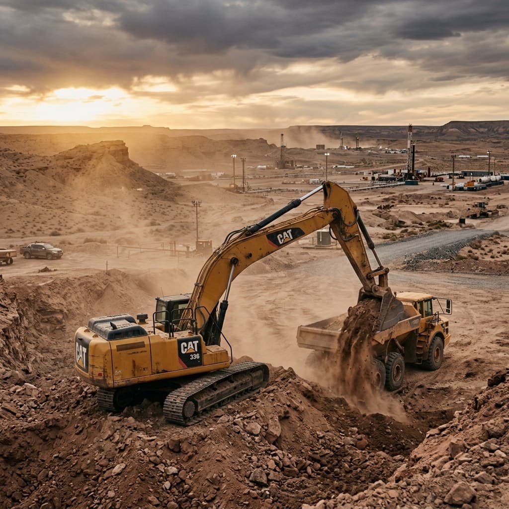 Excavadora y camión articulado operando en yacimiento — el tipo de recurso que se publica en PlanB